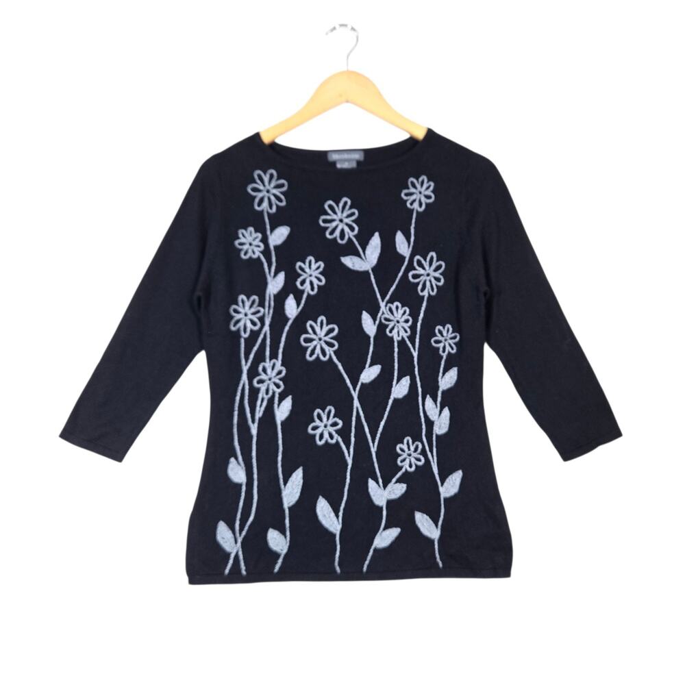 Mendocino Silk Cashmere Sweater sz S Black Floral Embroidered Quiet Luxury Chic